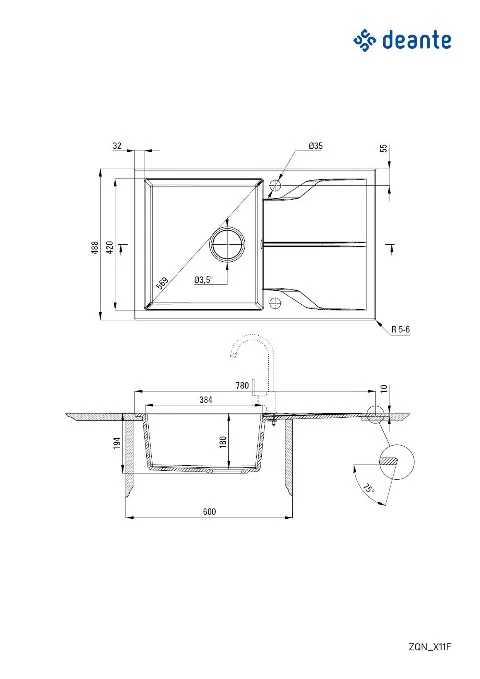 Andante Flush Granite sink 1-bowl with drainer - flush-mounted - Image 2