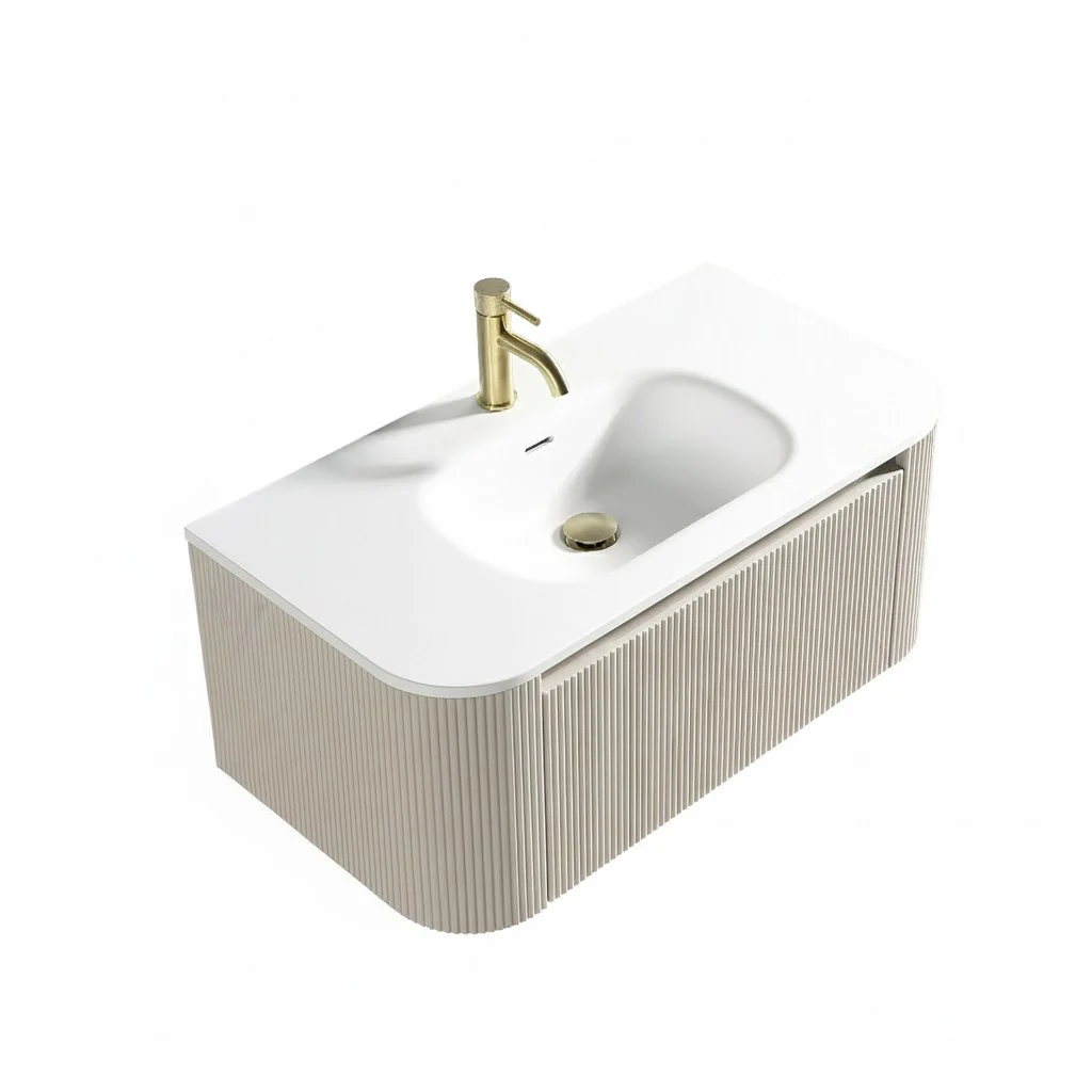 Flauto 870mm Wall Hung Curve Corner Vanity with Matte Basin - Soft Coffee