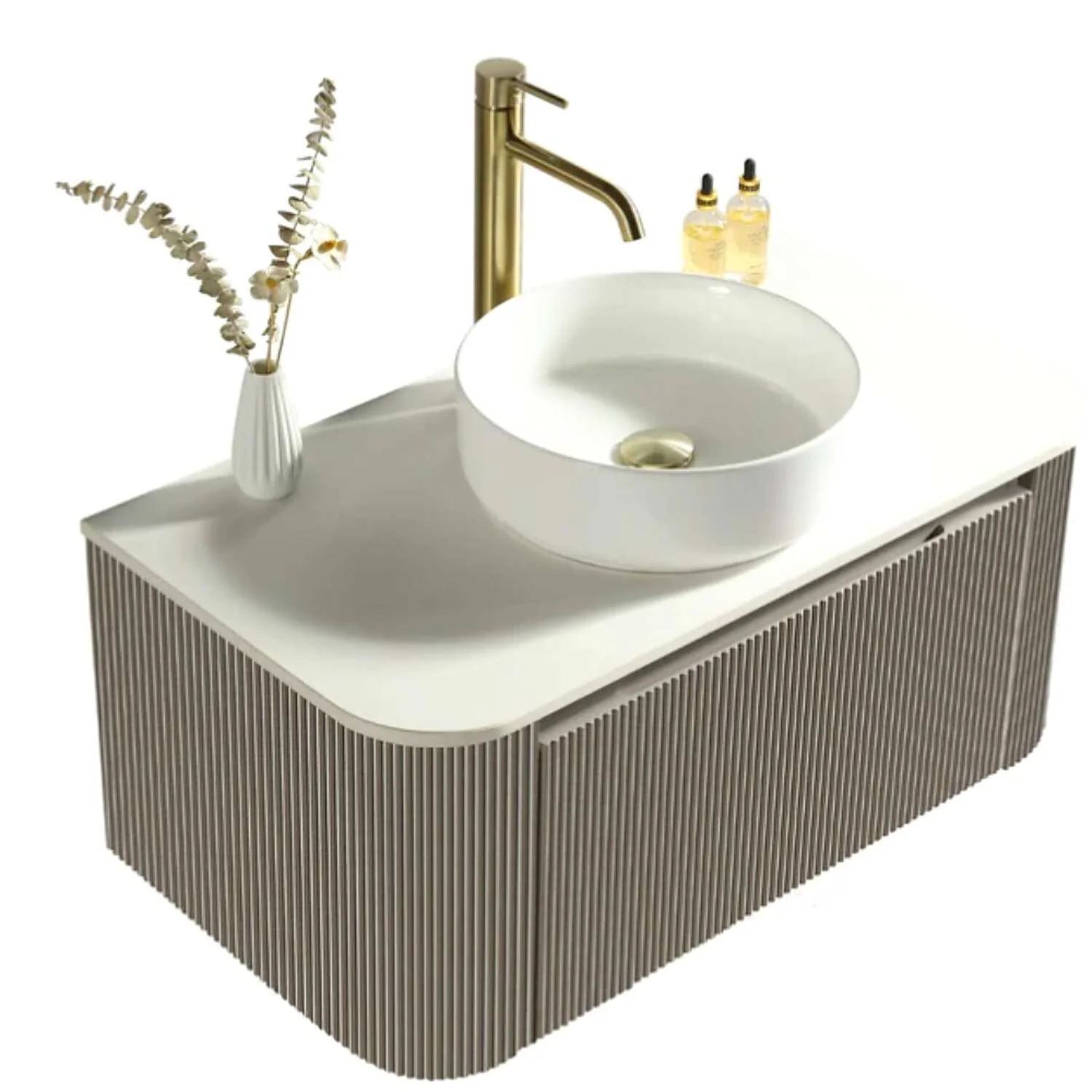 Flauto 870mm Wall Hung Curve Corner Vanity with Matte Basin - Soft Coffee - Image 2