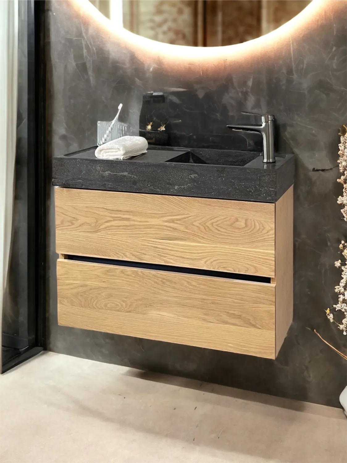Slim 30cm Oak Vanity Unit with Stone Basin – 80cm Wide